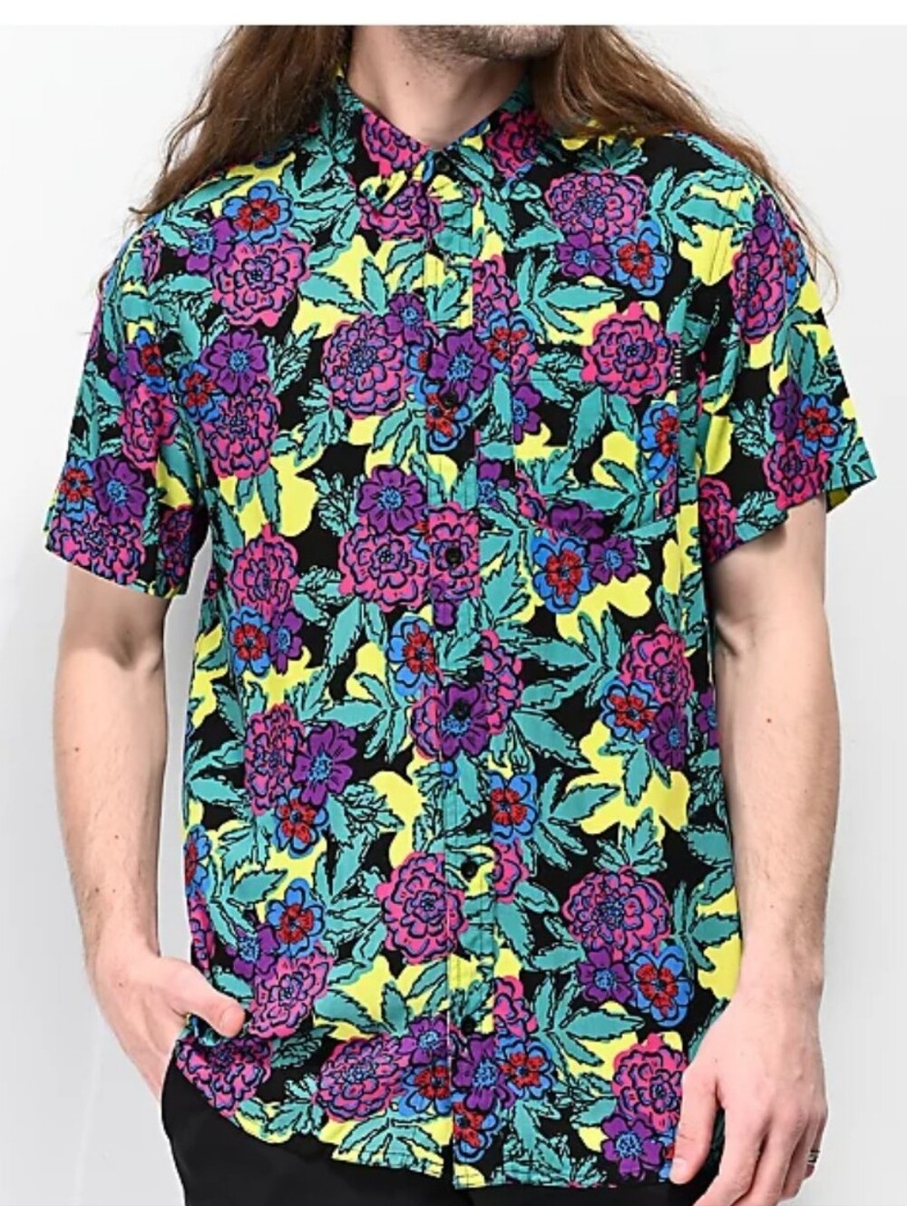 Empyre Floral Black, Yellow & Teal Woven Short Sleeve Button Up Shirt Zumiez